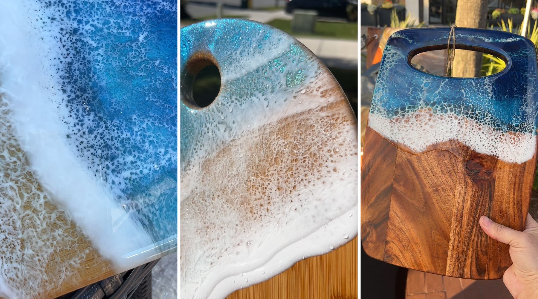 Three ocean resin pieces: close-up of white lacing waves over deep blue resin, a round board with shimmering turquoise water and sandy shore, and an acacia cutting board with a navy wave edge